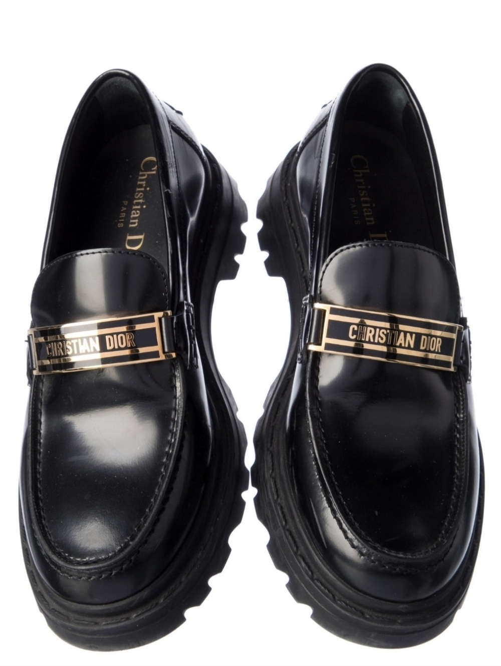 Christian Dior Black Calfskin Leather Lug-Sole Loafer with Gold Accent VGUC